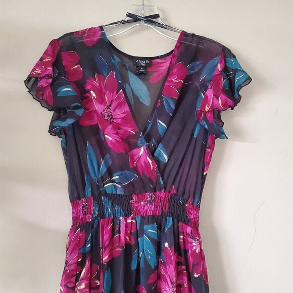 Alexa B Nites Size 6 Black Pink Gold Floral Chiffon Maxi Dress Party Event Date - Picture 5 of 10